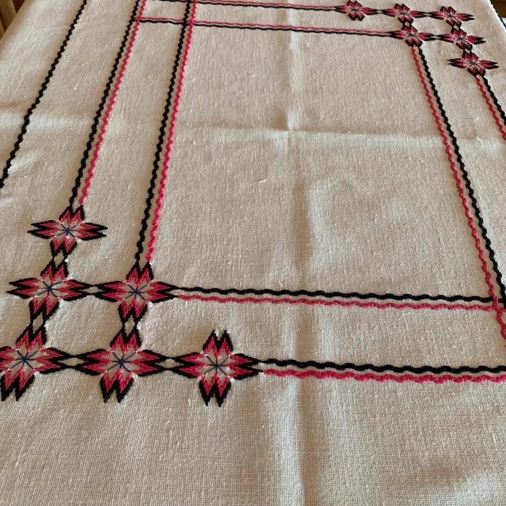 Vintage Hand Embroidered Linen Tablecloth 34x53,5  Pink Black Cross Stitch